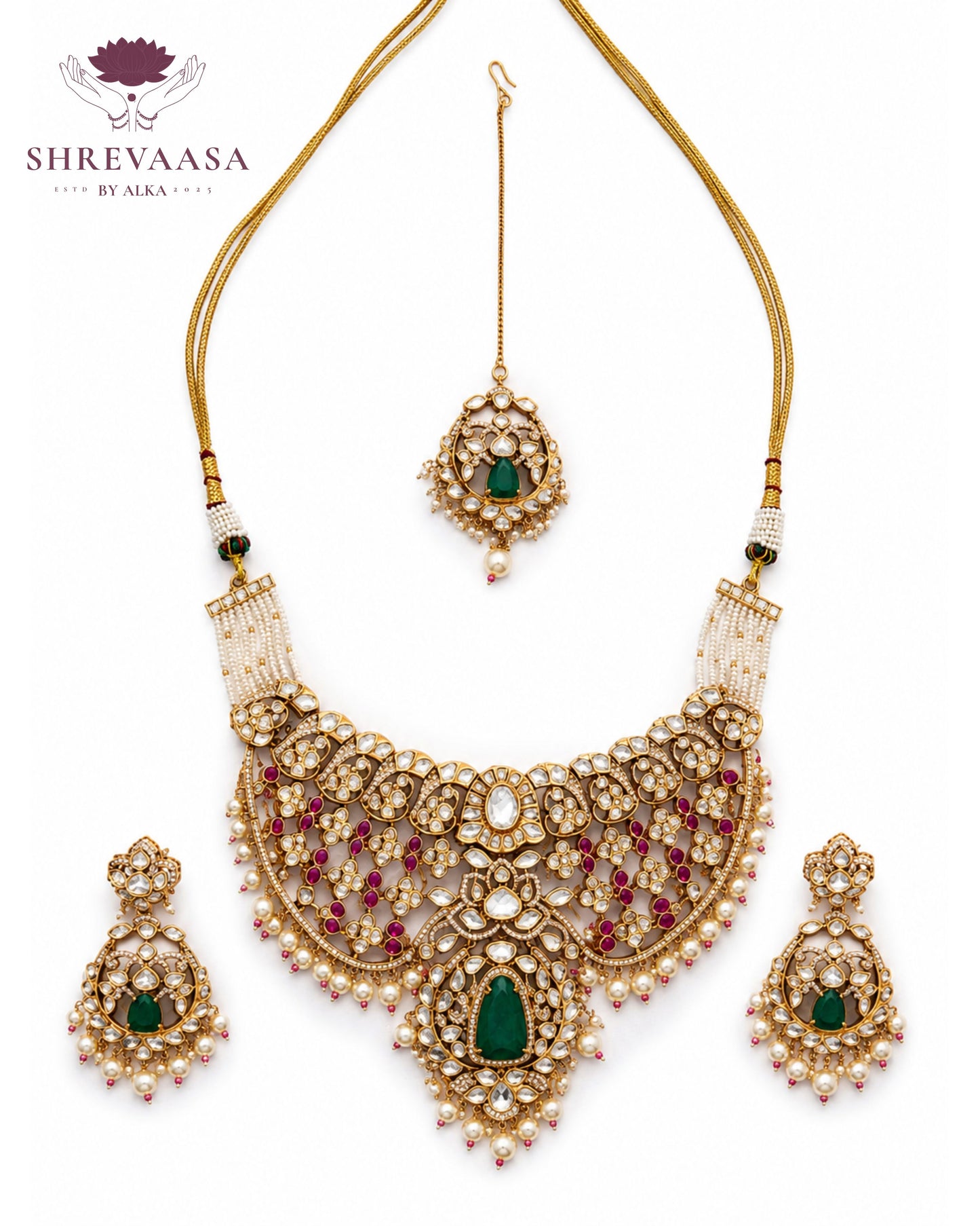 Royal Polki Ruby & Emerald Bridal Jewellery Set for Rent