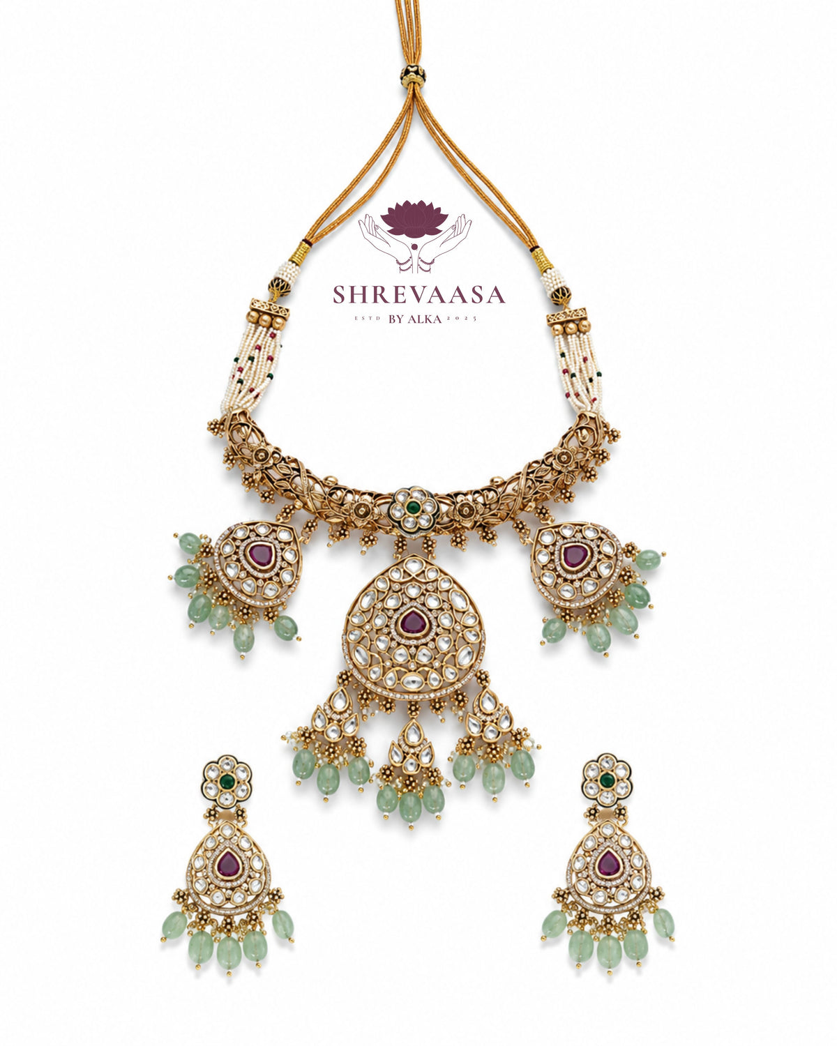 Mint Green Kundan & Polki Necklace Set for Rent