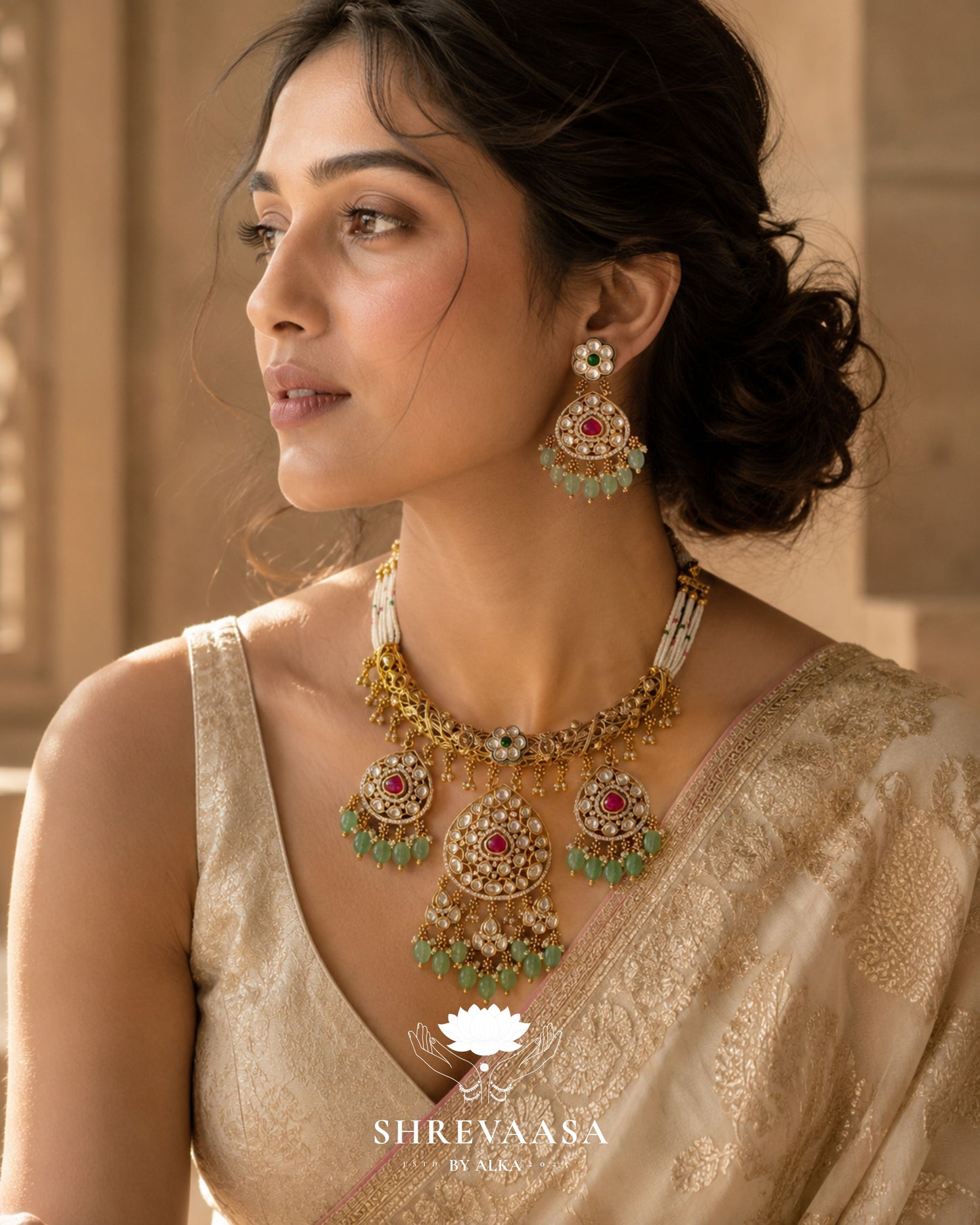 Mint Green Kundan & Polki Necklace Set for Rent