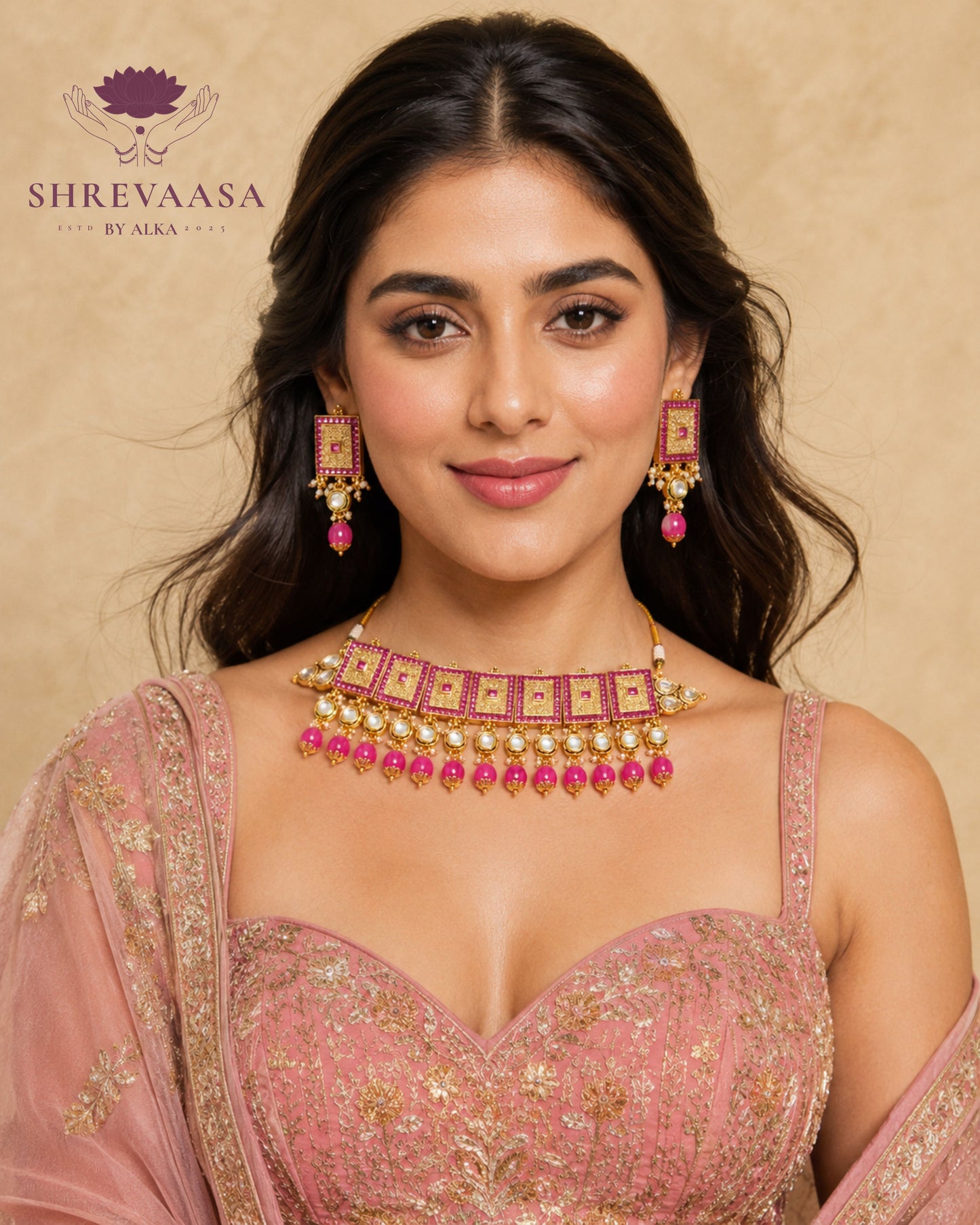 Magenta Kundan, Polki & Pearl Choker Set for Rent
