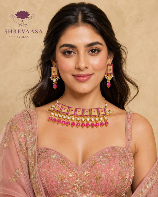 Magenta Kundan, Polki & Pearl Choker Set for Rent