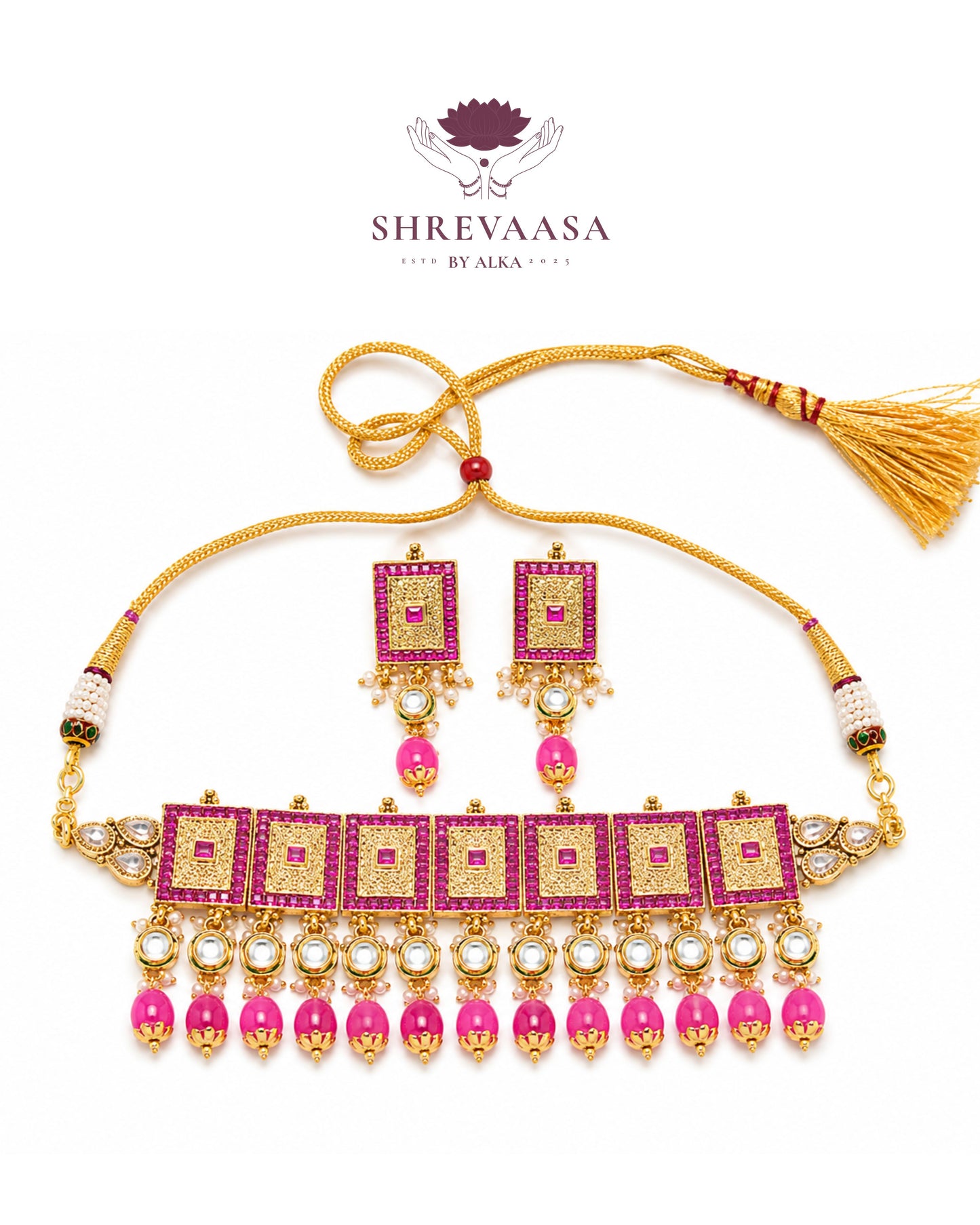 Magenta Kundan, Polki & Pearl Choker Set for Rent
