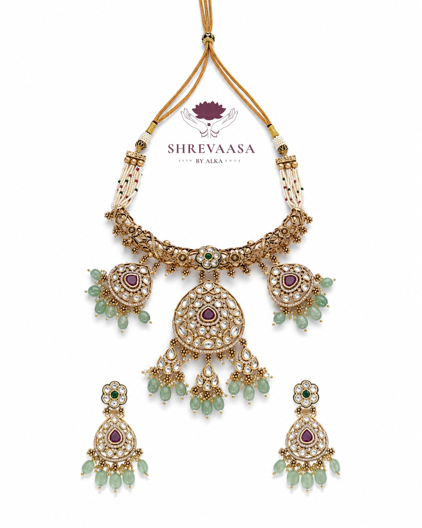 Mint Green Kundan & Polki Necklace Set for Rent