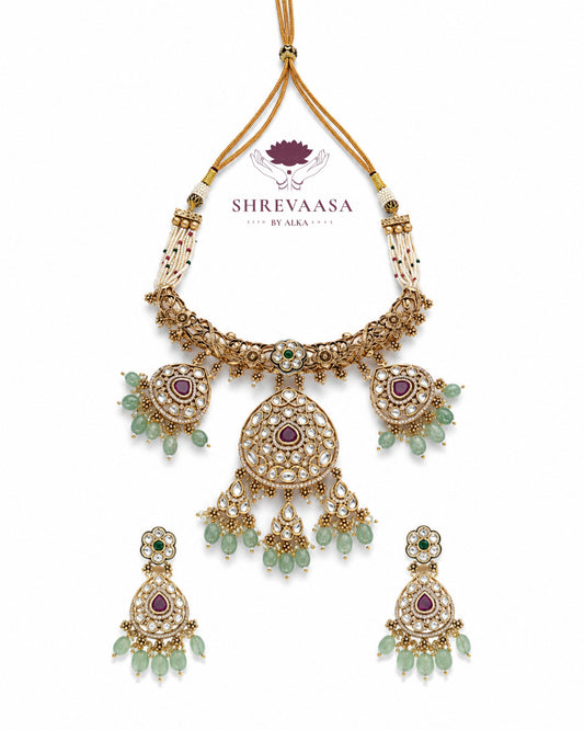 Mint Green Kundan & Polki Necklace Set for Rent