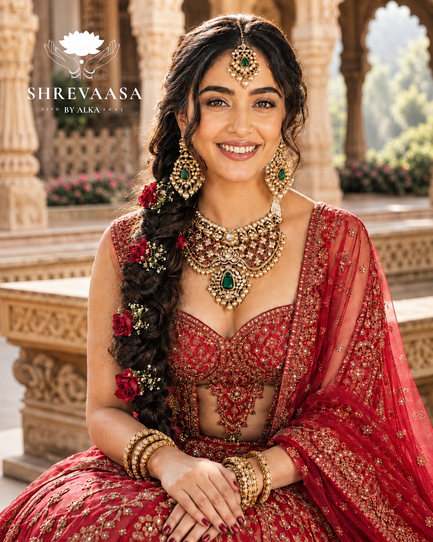 Royal Polki Ruby & Emerald Bridal Jewellery Set for Rent