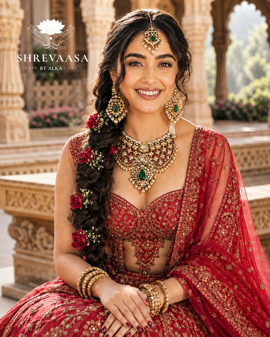 Royal Polki Ruby & Emerald Bridal Jewellery Set for Rent